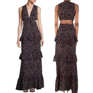 ALC Brie Silk Deep V-Neck Cutout Waist Tiered Floral Maxi Dress Black Size 6